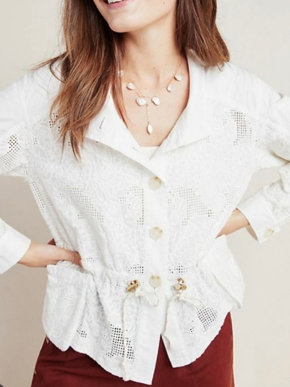 Anthropologie Women’s Bridal White Eyelet Lace Anorak Button Down Jacket Size Sm